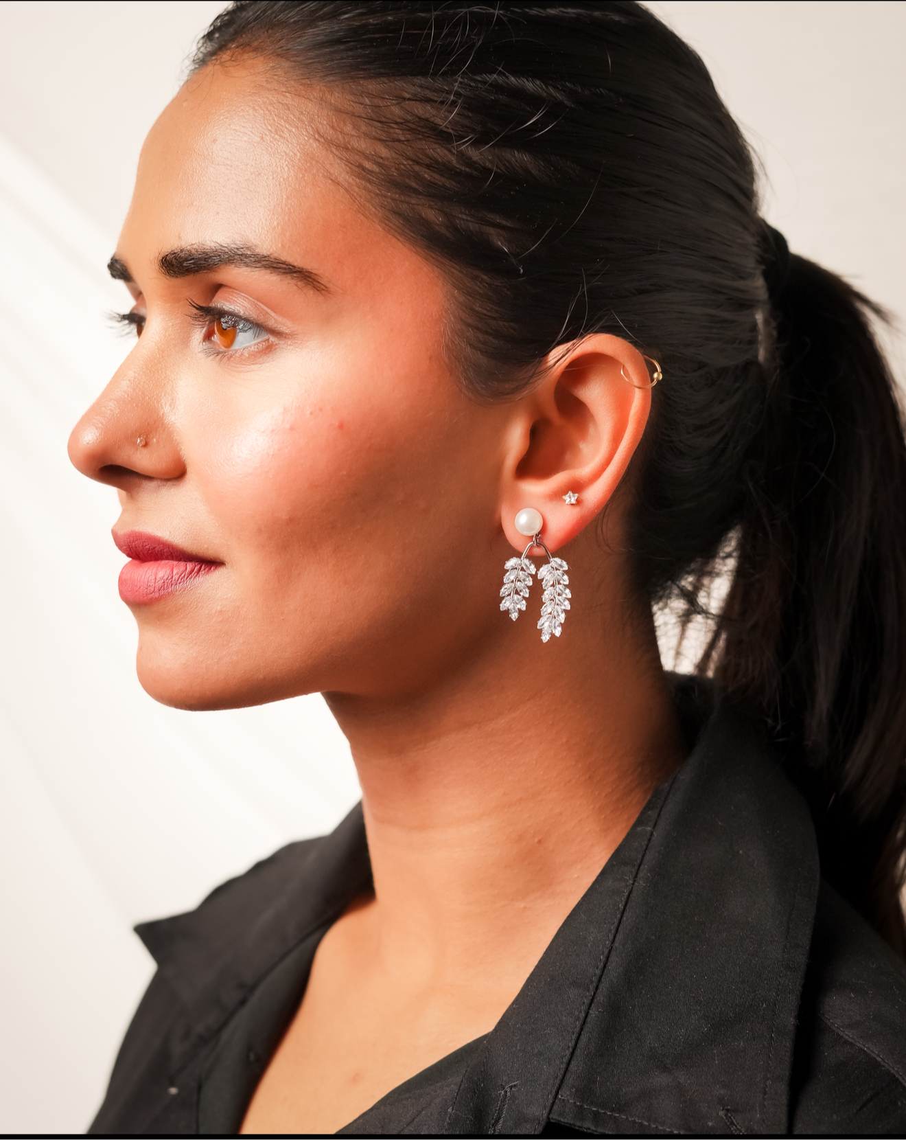 Pearl and Crystal Leaf Drop Earings